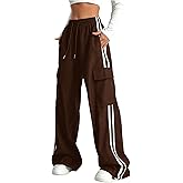 Verdusa Women's Cargo Pants Baggy Straight Wide Leg Track Pants Striped Joggers with Pockets Athletic Streetwear