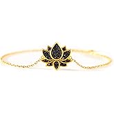 STORYJEWELLERY Lotus Charm Bracelets for Women, 18K Gold Plated Bracelet, Dainty Black Bracelets for Women Adorned with Cubic Zirconia, Perfect Gifts for Birthday, Mother's Day