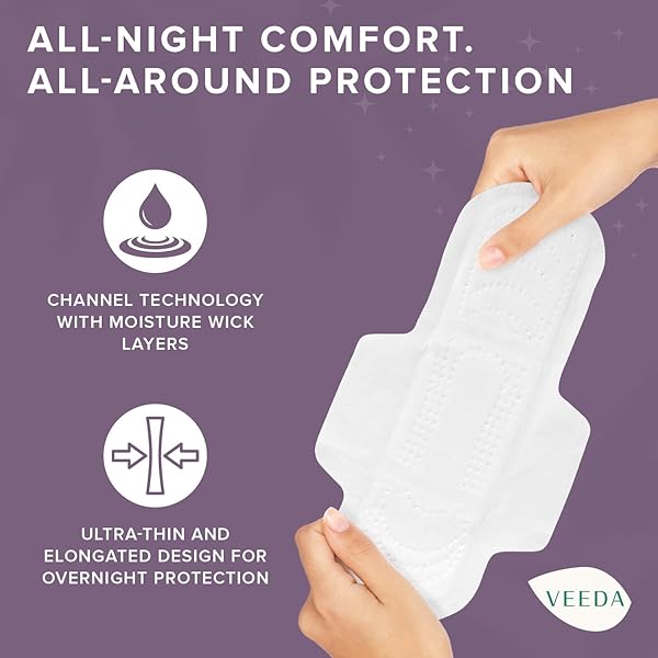 VEEDA NATURAL COTTON NIGHT PADS FOR WOMEN – OVERNIGHT HEAVY FLOW ABSORBENT ULTRA-THIN FEMININE PAD – HYPOALLERGENIC PERIOD PADS WITH WINGS – UNSCENTED & CHLORINE FREE SANITARY NAPKINS – 36 COUNT