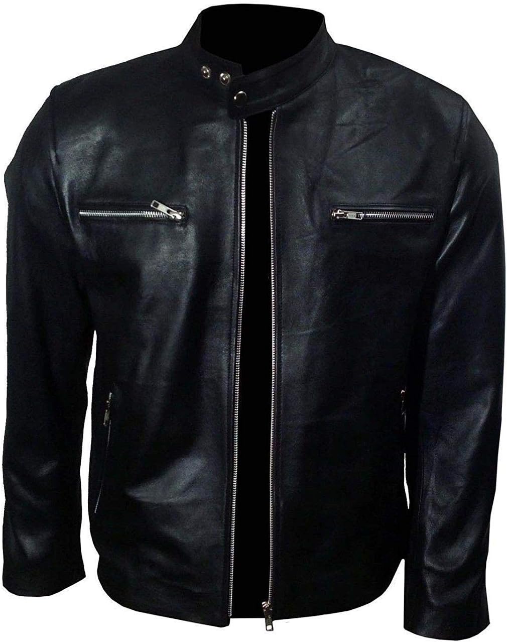 Men's Cooper Burnt Bradley Adam Jones Slim Fit Cafe Racer Black Real Leather Jacket (M)