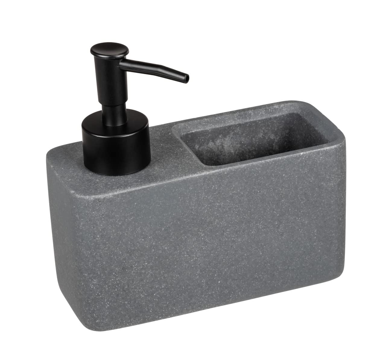 WENKO Resa washing-up liquid dispenser, kitchen soap dispenser in stone look with practical sponge compartment, including dishwashing sponge, refillable, approx. 150 ml, 14.5 x 14.3 x 6 cm, dark grey