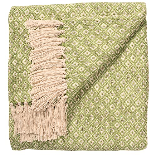 ETHNICITI Sage Green Diamond Recycled Cotton Woven Throw Sofa Bedspread for Settee Armchair Fringe Blanket Picnic Mat - 130x180cm