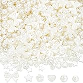 SUNNYCLUE 1 Box 520Pcs 6 Styles White Bow Beads Imitation Pearl Beads Bulk Cute ABS Plastic Round Pearls Bows Star Heart Bead for Jewelry Making DIY Crafting Bracelets Necklaces Earrings Women Gifts