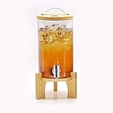 VOVUVK 1.2 Gallon Glass Drink Dispenser For Parties, beverage dispenser with Bamboo wood stand And Stainless Steel Spigot, Juice or lemonade dispenser Laundry Detergent Dispenser (1 PACK)