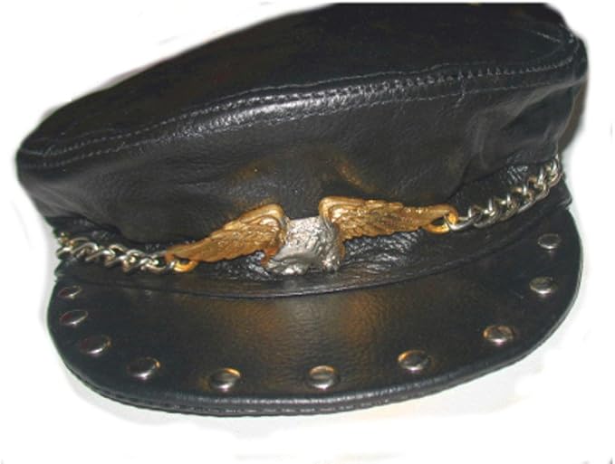 Leather Biker Cap Hat with Big Eagle, Studs Annd Chain Genuine Leather