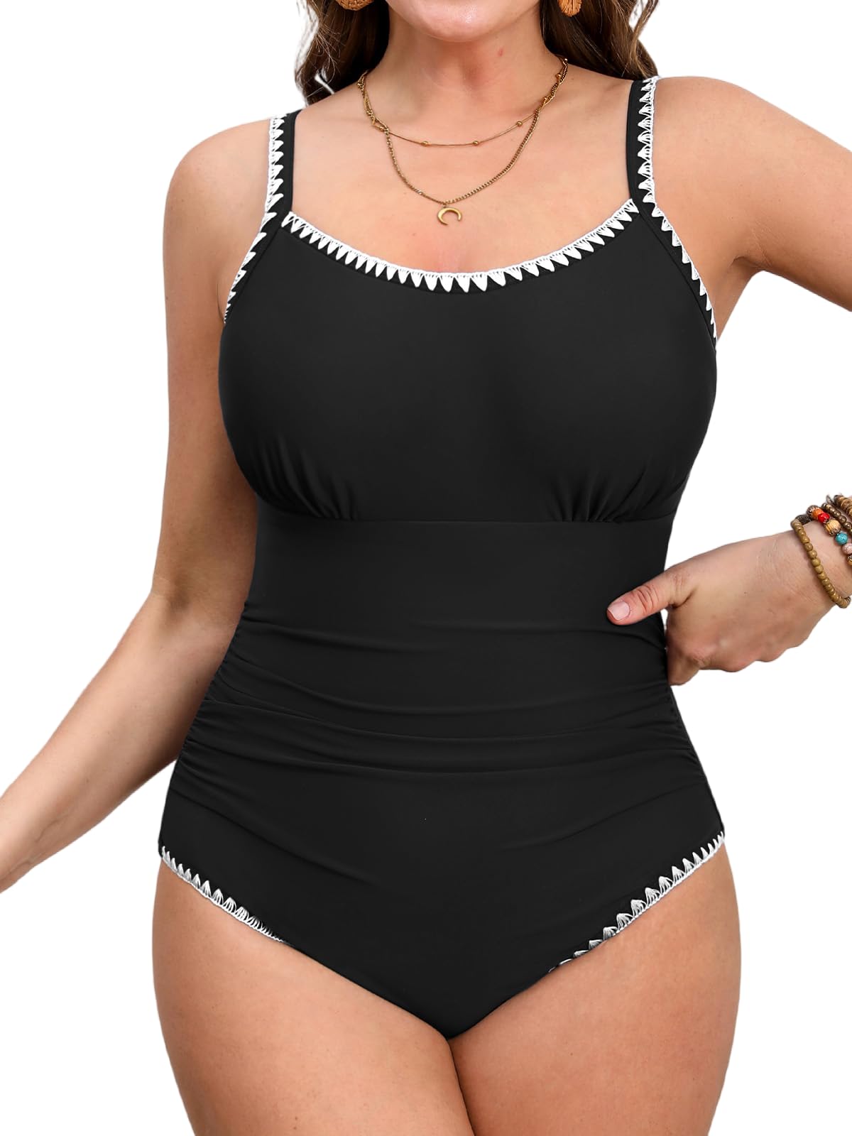 Photo 1 of CUPSHE Women's Plus Size One Piece Swimsuit Curvy Shell Stitched Bathing Suit Tummy Control Ruched Scoop Neck Swimwear, 3X Black