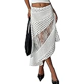 Women Y2K Maxi Skirt Coquette Hight Waist Lace Patchwork Irregular Hem Flowy Midi Skirt Summer Vacation Beachwear