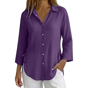 GOKKILRW Womens Button Down Shirts Trendy Tie Hem Long Sleeve Loose Fit Casual Dressy Collared Blouses Oversized Tunic Tops