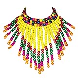 COLORFUL BLING Boho African Wooden Beaded Bib Statement Choker Necklace Long Multi Strand Chunky Layered Collar Tassel Necklace for Women Handmade Jewelry