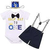 ODASDO Half Way To One Baby Boy Birthday Outfit Smash Cake Photoshoot Romper Shorts Headwear Suspenders 4pcs Set