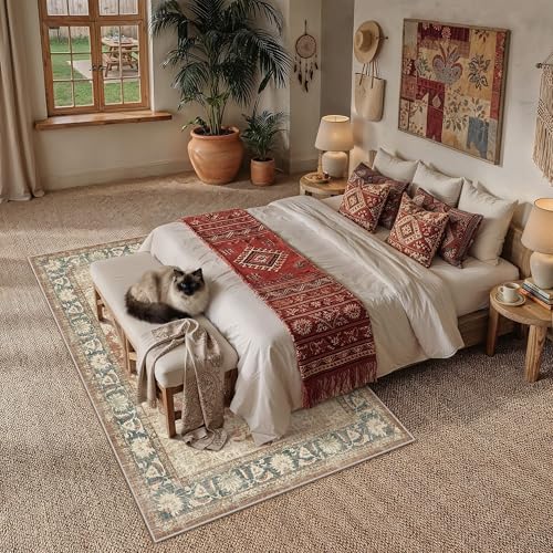 PureCozy Vintage Alfombra Salon 160x230cm Rojo Azul Habitacion Alfombras Lavable Antideslizante Grande Tapete Dormitorio Pie de Cama Sala Comedor Carpet Pelo Corto Rug