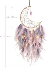 Dremisland Moon Dream Catcher with Fairy Lights Pink Grey Feather Decor view 5