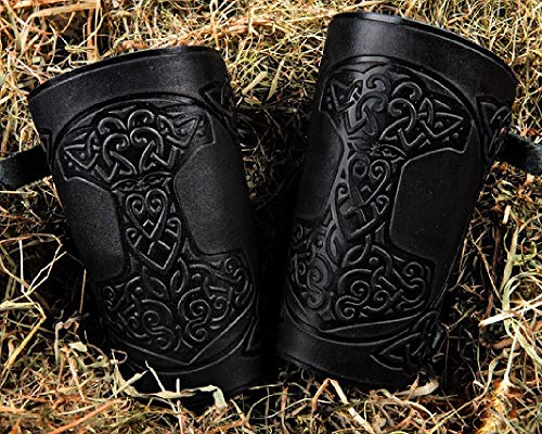 Halloween Viking Barbarian costume - Leather Cuff - Larp Gauntlet - Leather Wristbands - Larp Accessories Viking Bracers - Thor`s Hammers - Archery Armguard - Length 6" - Thumbnail 2