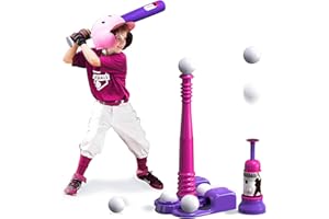 QDRAGON 2 in 1 T Ball Sets for Kids 3-5 5-8, Tee Ball Set with Automatic Pitching Machine/Adjustable Batting Bat & Stand/6 Balls, Baseball Toys Outdoor Sport for Toddlers Girls, Pink