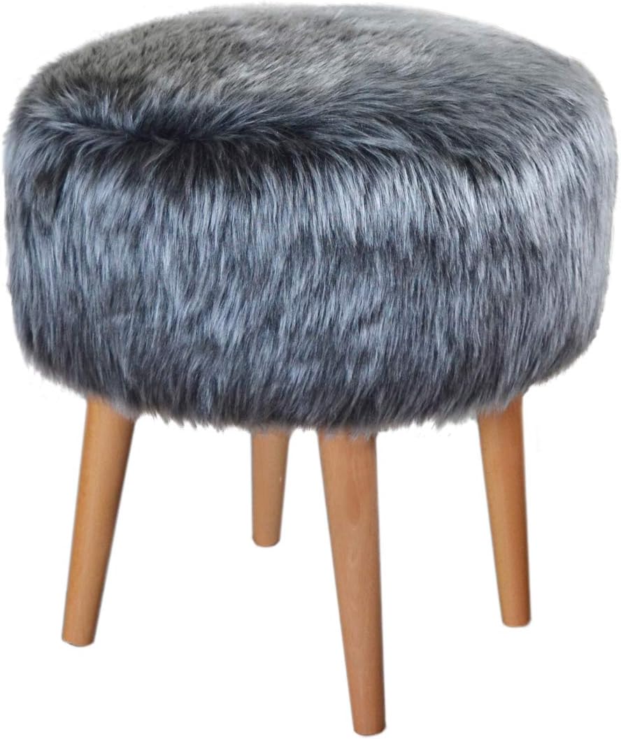 Pyramid Home Decor 17 Inch Round Faux Fur Ottoman - Fluffy Foot Stool with Fur Top and Wood Legs - Grey