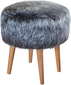 Pyramid Home Decor 17 Inch Round Faux Fur Ottoman - Fluffy Foot Stool with Fur Top and Wood Legs - Grey