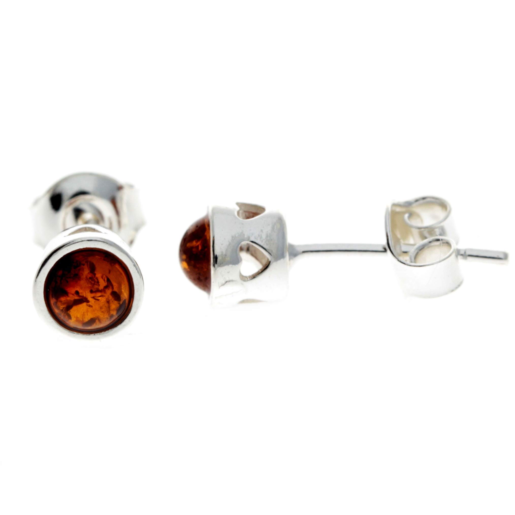Genuine Natural Cognac Baltic Amber and 925 Sterling Silver Studs with Hearts Earrings GL169C