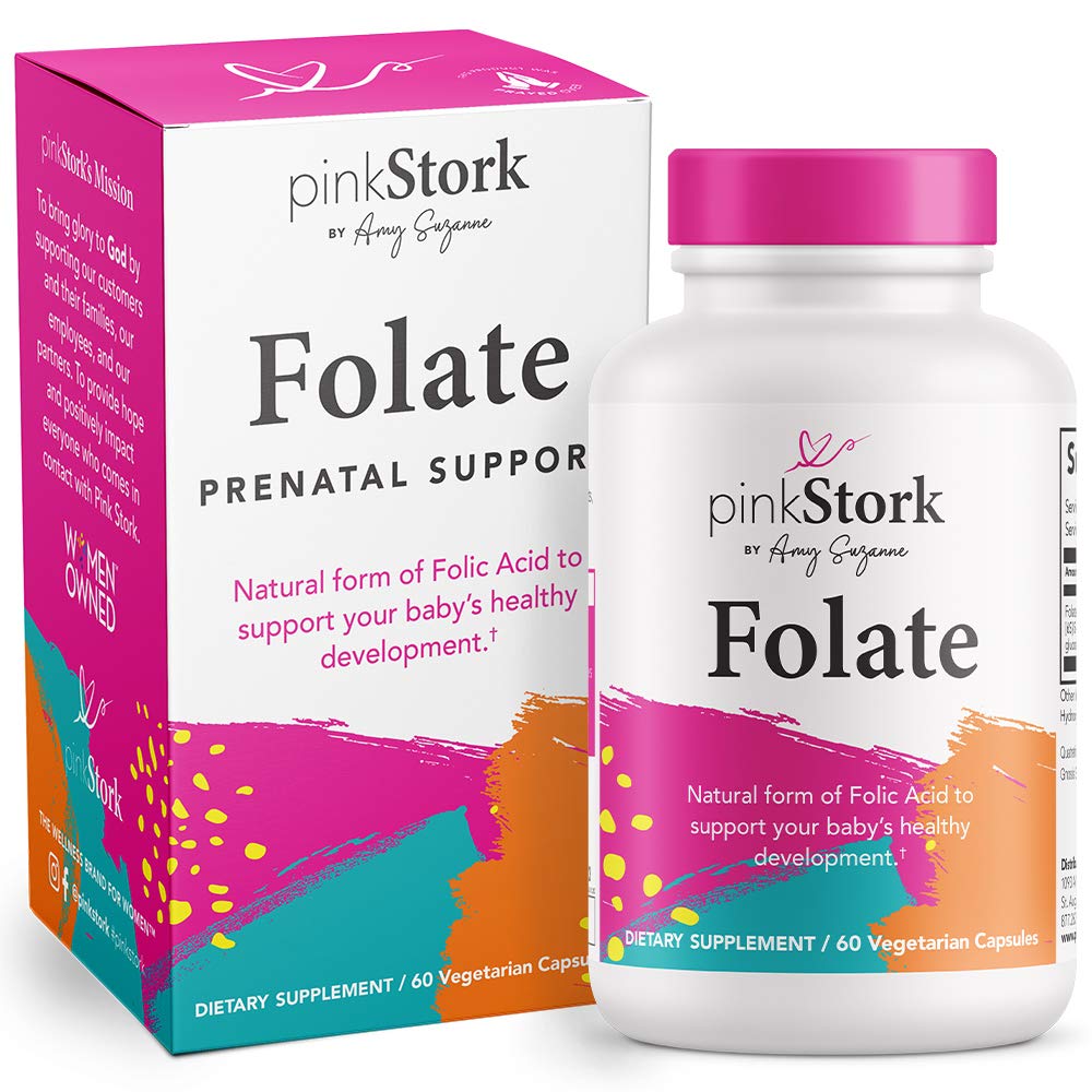 Pink Stork Folate: Methyl Folate - MTHFR Acid, Natural Form of Folic Acid for Pregnancy, Formulated for Mom + Baby, Women-Owned, 60 Capsules