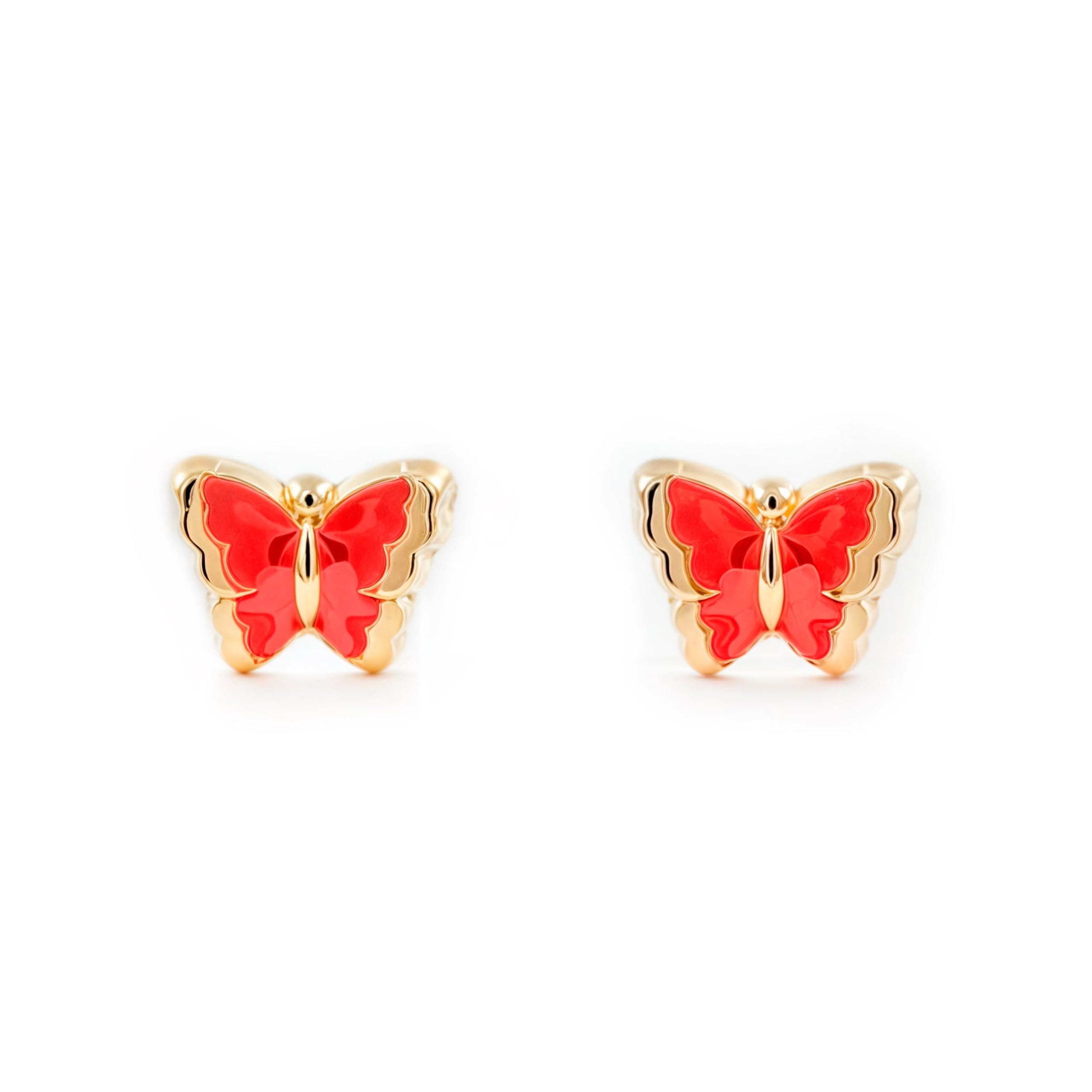 Mondepetit - 9ct Yellow Gold Red Enamel Butterfly Children's Baby Girls Earrings shine