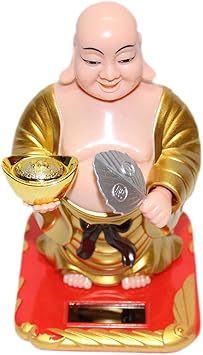 Solar Powered Lucky Laughing Buddha Waving Fan Bobble Head Toy Figure for Car/Home