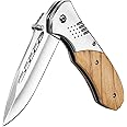 KEXMO Folding Pocket Knife - 3.46" Sharp Blade Olive Wood Handle Pocket Knives with Clip, Glass Breaker - EDC Knife for Dad Women Tactical Hunting Survival Camping Fishing Hiking - Sliver
