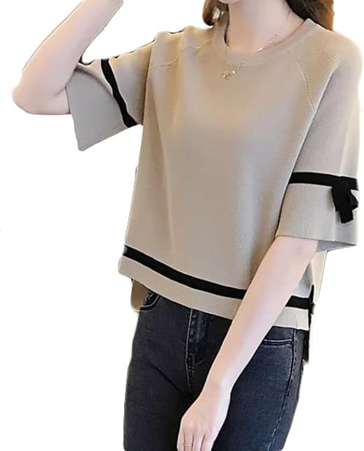 Amazon Zhongjue ジュージェン レディース 半袖 Tシャツ ニット 冷たい 夏 ゆったり トップス フリル袖 かわいい フェミニンプルオーバー 夏物 Freesizeカーキ Tシャツ カットソー 通販