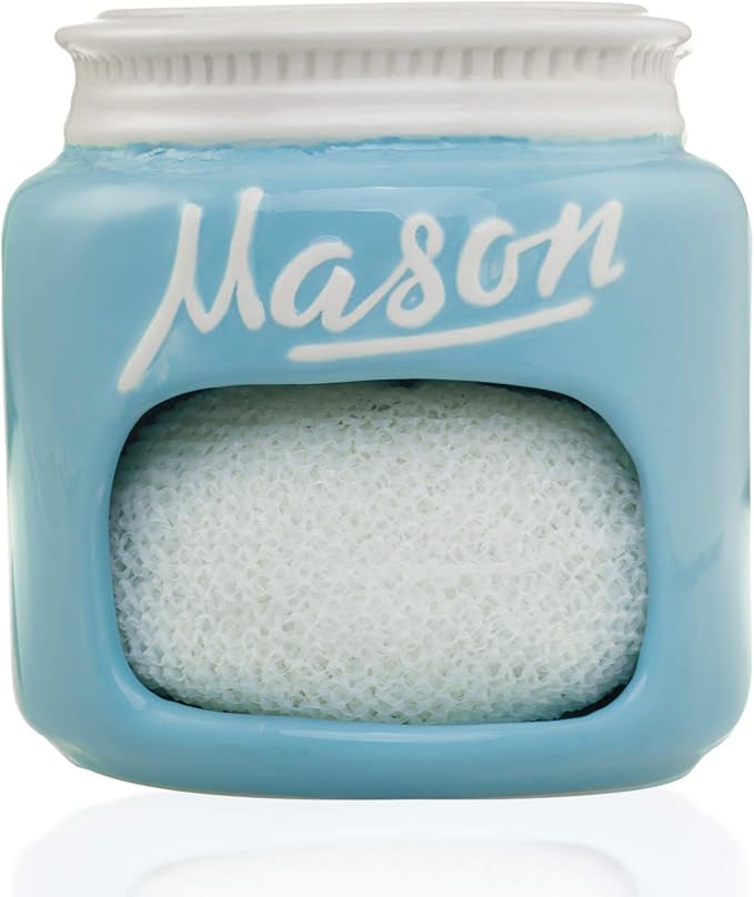 Blue Ceramic Mason Jar Kitchen Sponge Holder Adorable