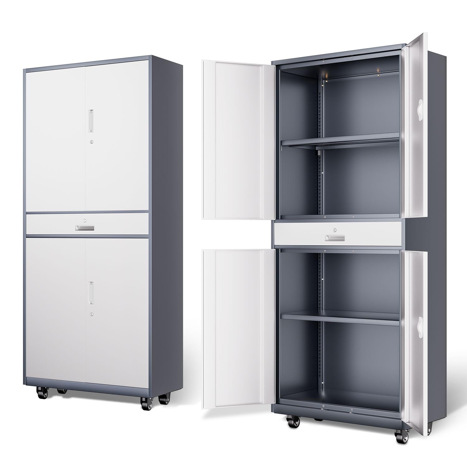 Photo 1 of ***PARTS ONLY****DNA MOTORING 73'' Metal Storage Cabinet, Rolling Garage Cabinet with 1 Drawer and Adjustable Shelves, Lockable Heavy Duty Metal Locker for Garage,Office,Home,Gray White, TOOLS-00630-GY-WH-A