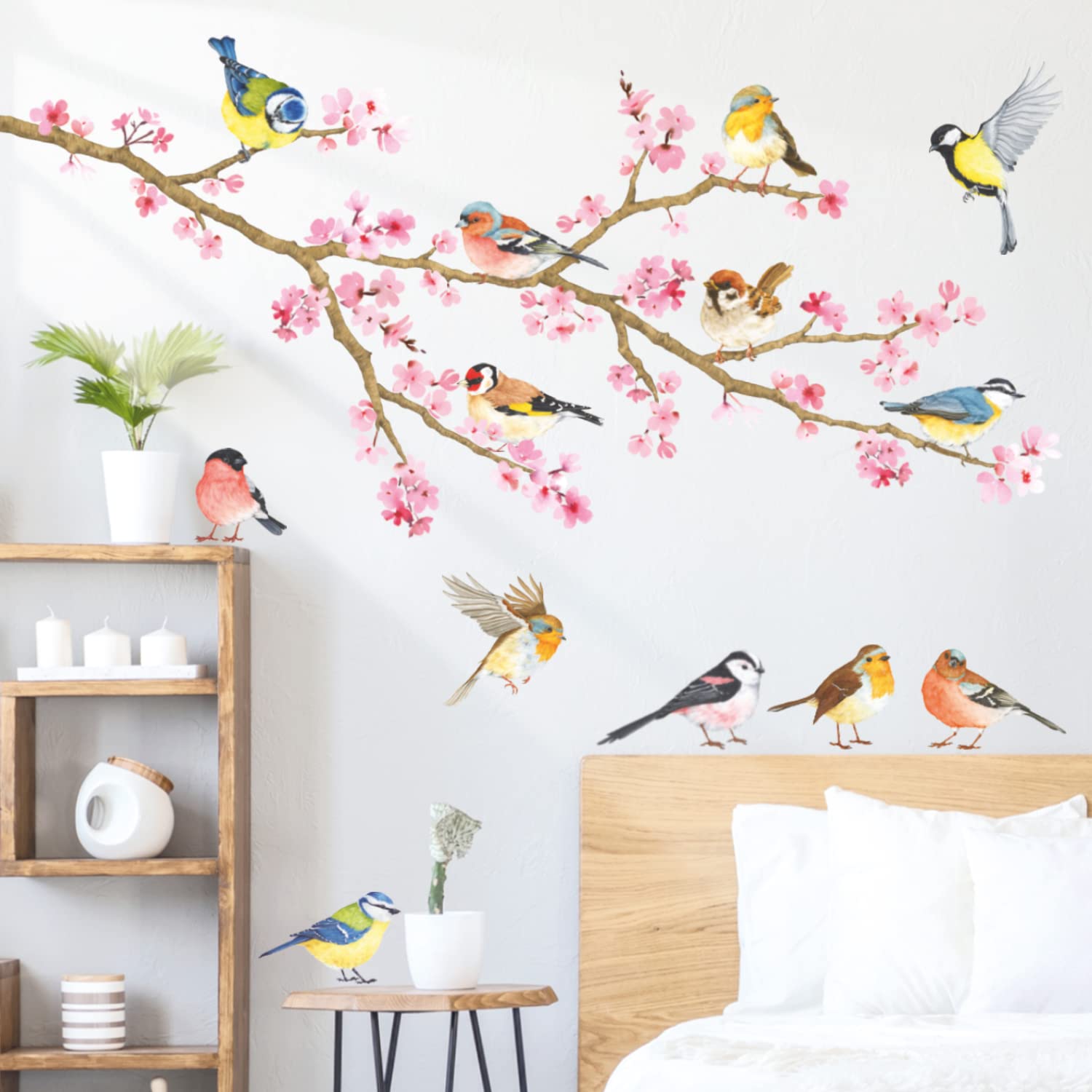 DECOWALL WL2-1904N Cherry Blossom & Garden Birds Kids Wall Stickers Decals Peel and Stick Removable for Nursery Bedroom Living Room Art murals Decorations