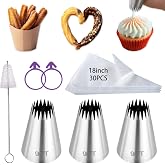 3Pcs Large Churro Piping Tips and Bags Set,9FT Pastry Tips with 30PK 18 Inch Large Piping Bags for churros maker,French Star Piping Tips for Eclairs,Butter Cookies,Cupcake Decorating tips