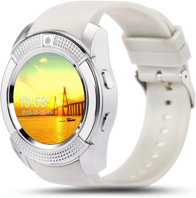 YOUMI V8 Bluetooth Smart Watch Sports Fitness Tracker SIM TF Card Smartwatch Phone Pedometer Sleep Monitor Walking Distance Wireless Smart Bracelet for Android Phone. (White)