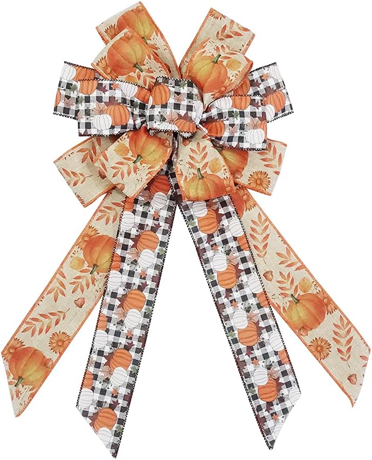 Bows & Ribbons - Yellow Pumpkin Leaf Fall Bow for Wreath, Black White Buffalo Plaid Bow for Fall Décor - Autumn Thanksgiving Bow for Front Door Indoor Outdoor Wall Decoration Supplies Ornaments