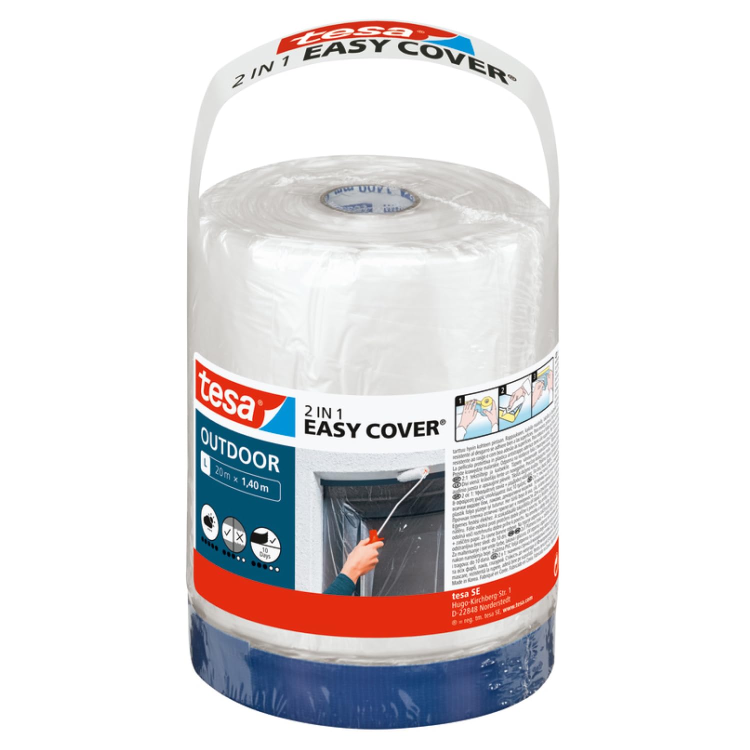 tesa Easy Cover Outdoor L - 2in1 masking film with fabric tape - for masking and covering when painting outdoors - painter's tape with integrated film - 20 m x 1.4 cm