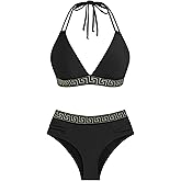 ZAFUL Women Halter V Neck Bikini Sets 2 Piece High Waisted Color Block Bathing Suits Swimsuit