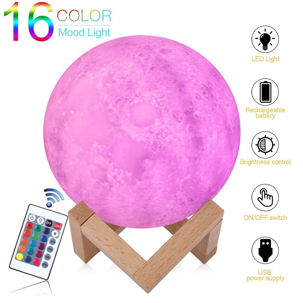 Lampe de Lune LED Rechargeable, Lampe de Chevet Télécommande et Contrôle Tactile, Veilleuse de Nuit pour Bébé Enfant, 16 Couleurs Différentes, Décoration pour Maison Chambre Cadeau pour Anniversaire, Enfant et Amoureux 12cm