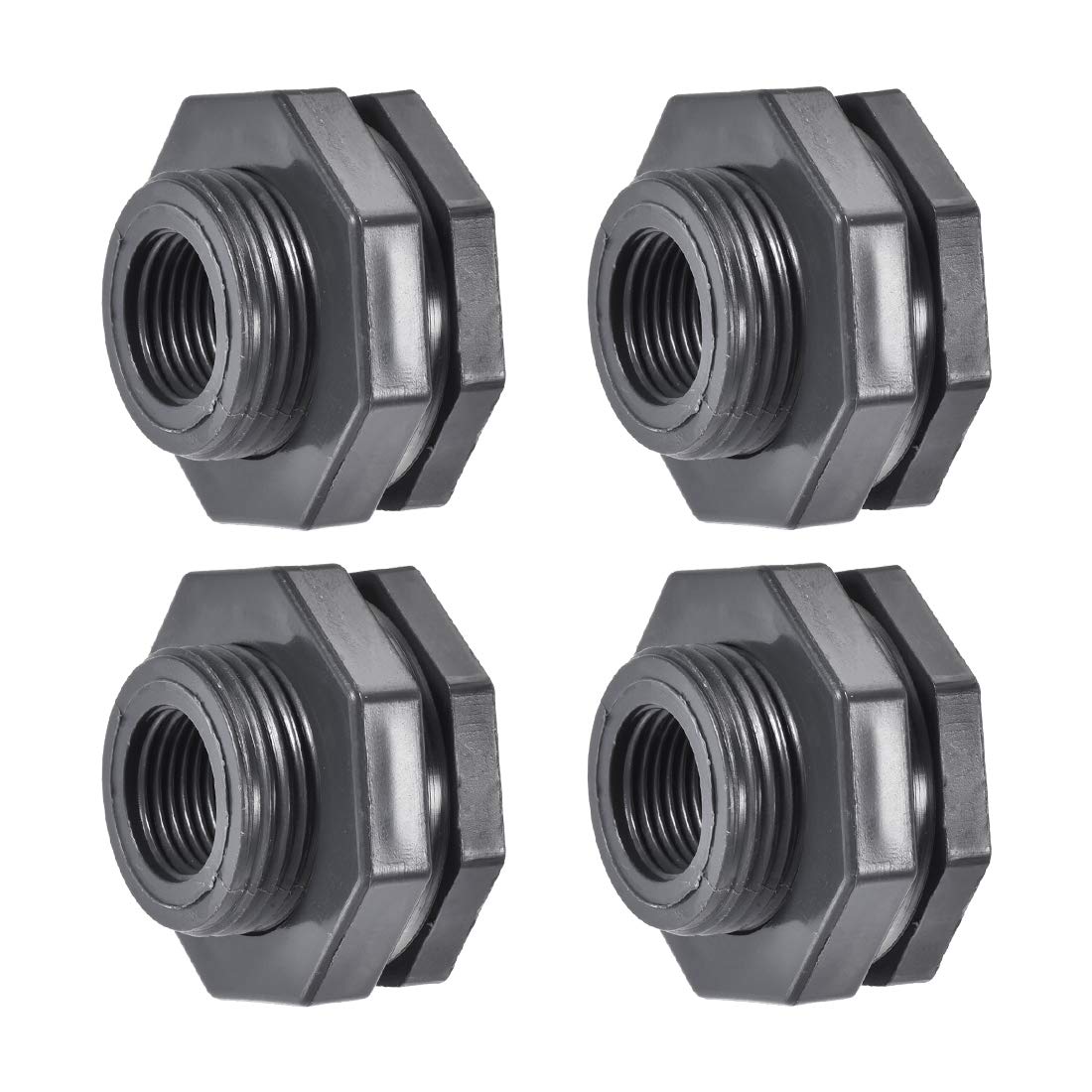 sourcing map Bulkhead Fitting, G1/2 Female, Tube Adaptor Pipe Fitting with Silicone Gasket, for Water Tanks, PVC, Gray, Pack of 4