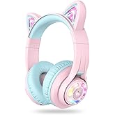 iClever Cat Ear Kids Bluetooth Headphones, LED Lights Up, 74/85dBA Safe Volume Limited, 50H Playtime,Bluetooth 5.2, USB C, Kids Headphones Wireless for Travel iPad Tablet, Meow Macaron Pink