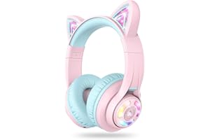 iClever Cat Ear Kids Bluetooth Headphones, LED Lights Up, 74/85dBA Safe Volume Limited, 50H Playtime,Bluetooth 5.2, USB C, Ki