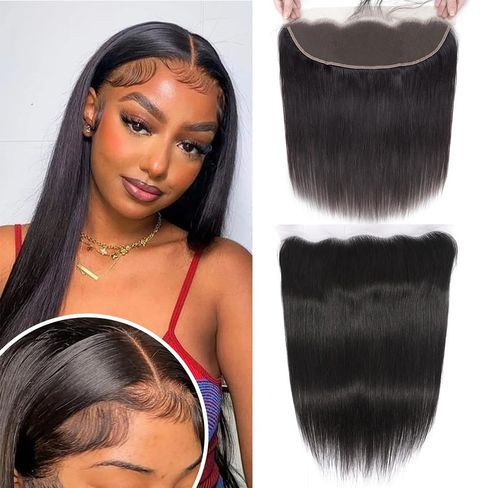 HEFABRIGHT 13X4 Lace Frontal Human Hair Straight Wave HD Transparent Lace Frontal 13X4 Closure Human Hair 150 Density Free Part Pre Plucked Hairline Baby Hair Around Natural Black 14 Inch — image 1
