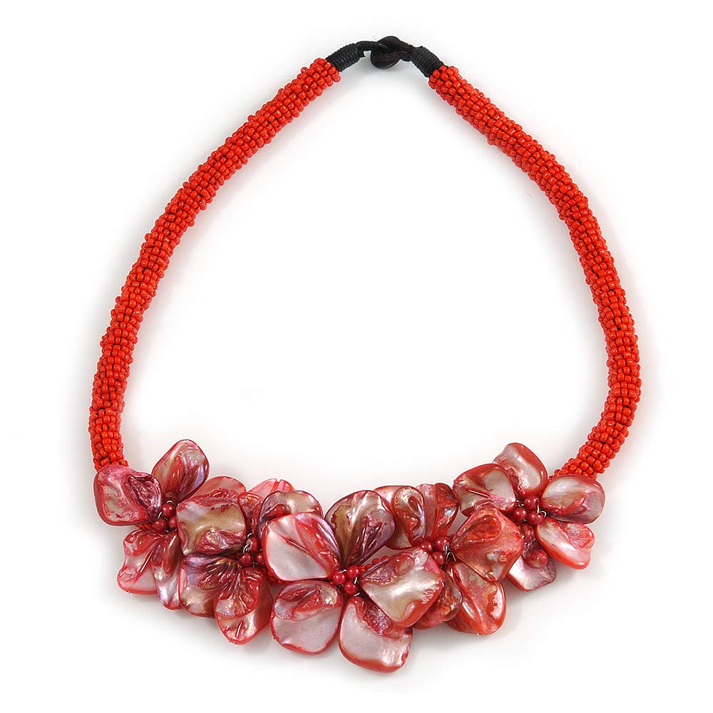 Avalaya Glass Bead with Shell Floral Motif Necklace In Red/48cm L