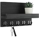 Lwenki Key Holder for Wall, Decorative Key and Mail Holder with Shelf Has Large Hooks for Bags, Coats, Umbrella &ndash; Paulownia Wood Key Hanger with Mounting Hardware (9.8&rdquo;W x 6.7&rdquo;H x 4.2&rdquo;D)