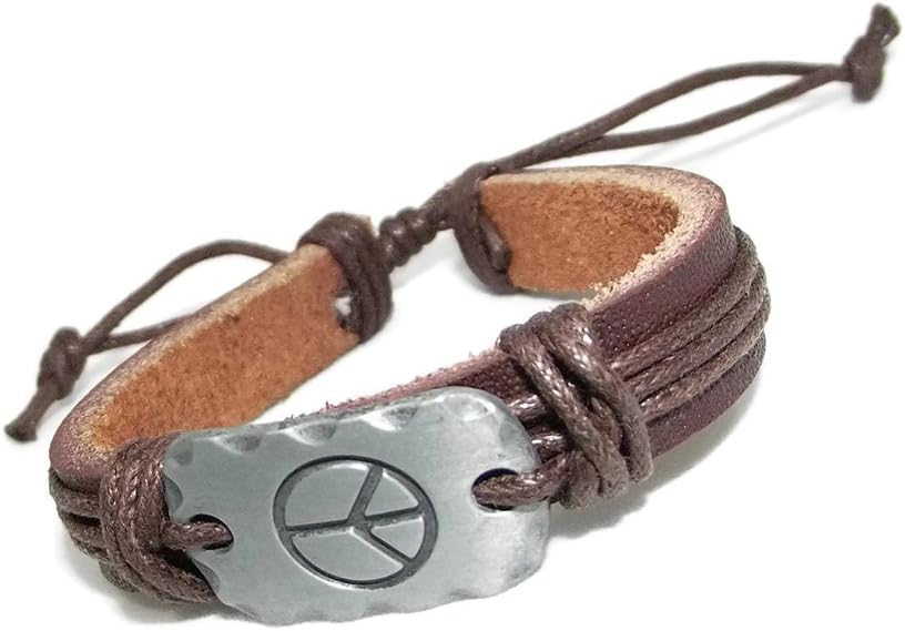 Chillvery Mens Peace Symbol Brown Leather Wrap Bracelets