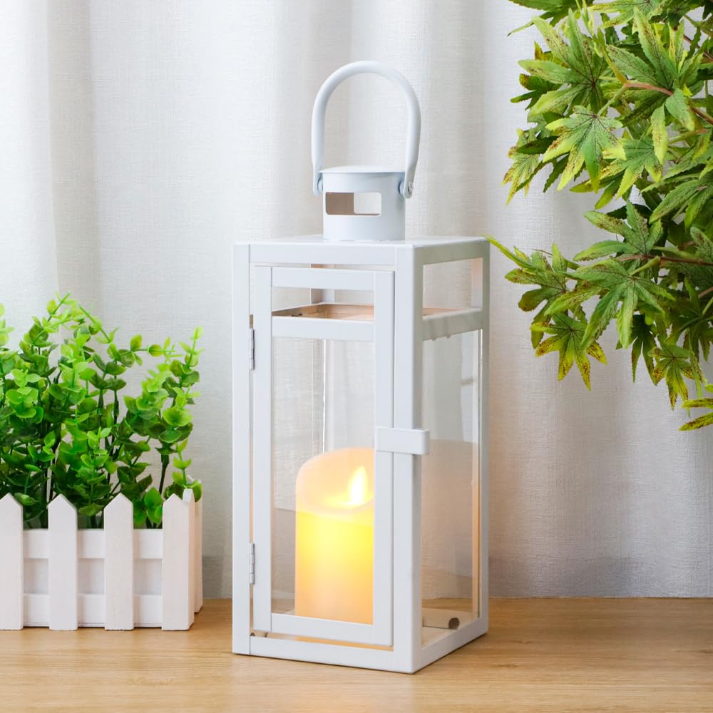TRIROCKS Decorative Candle Lanterns 30cm High Metal Candle Holders with Tempered Glass for Home Decor Living Room Tabletop Indoor Outdoor Wedding Parties(Matte White)