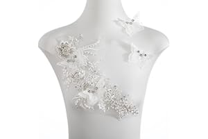 FixrWre Flower Pearl Fabric Rhinestones Beaded Lace Applique,3D Butterfly Embroidered Lace Patch for Clothes,Dress (White)