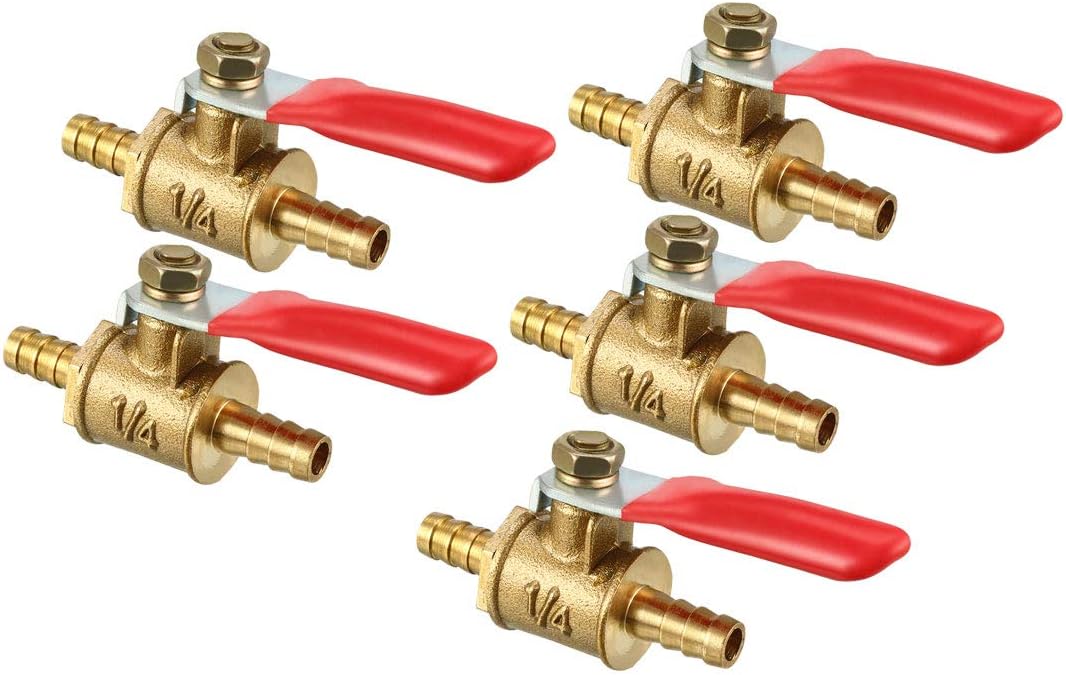 sourcing map 6mm Brass Barb x Barb Mini Ball Valve, 180 Degree Operation Handle 5 Pcs, 6mm Barb x Barb, 5 Pack