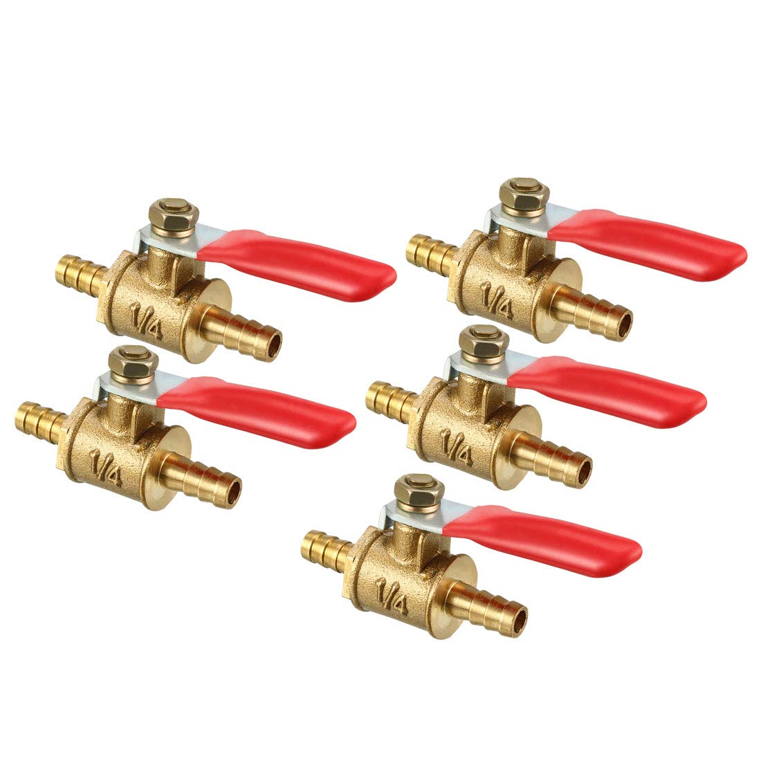 sourcing map 6mm Brass Barb x Barb Mini Ball Valve, 180 Degree Operation Handle 5 Pcs