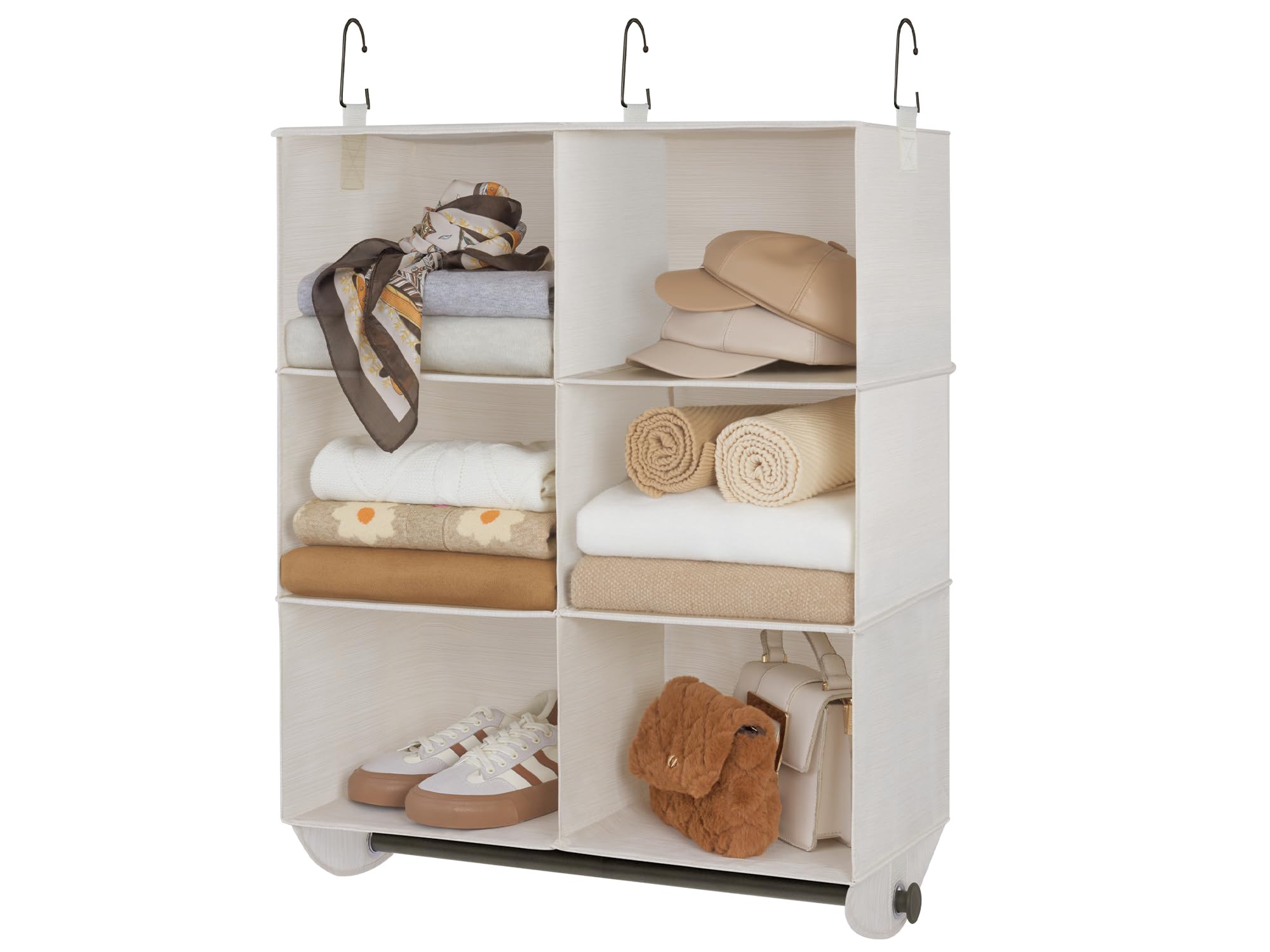 Photo 1 of StorageWorks Hanging Closet Organizer with Garment Rod, 6-Section Closet Hanging Shelves, Hanging Clothes Cube Organizer, White & Ivory, 24 ½" L x 12 ¼" W x 33 ½" H