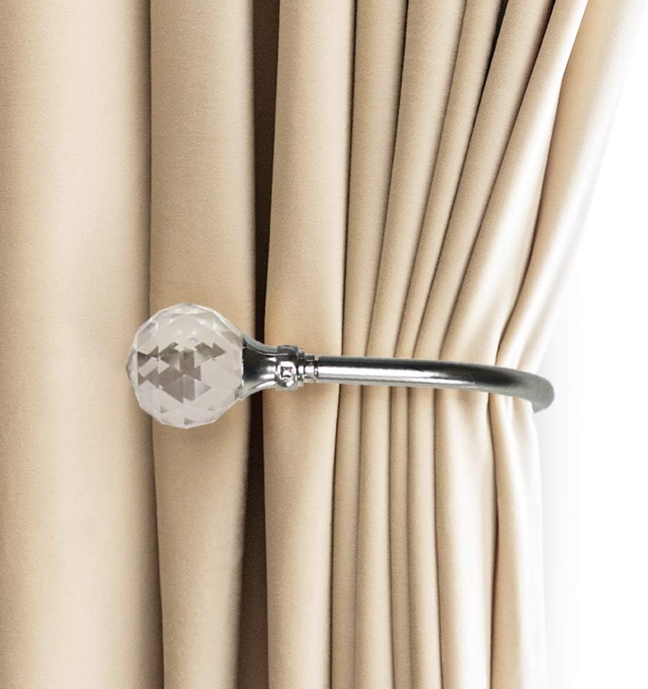 PHOEWON 2 Pack Curtain Holdbacks - Acrylic Crystal Ball Tie Backs, U Shaped Metal Wall Mounted Hooks (Small, Silver)