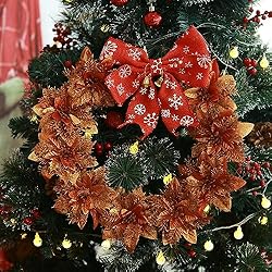GREENTIME 12 Pcs Glitter Poinsettia 5.5" Artificial