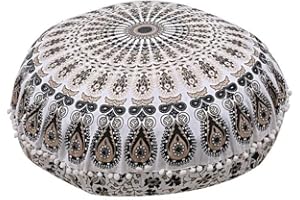 ShakDeco Cotton Large 32" Mandala Floor Pillow Cover Meditation Cushion Seating Throw Cover Hippie Decorative Bohemian Pouf Bohemian Indian Pouf Cover (Black & White)